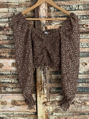 Blush J Smocked Boho Ditsy Floral Peasant Crop Top, Brown, Puff Sleeve, EUC, L